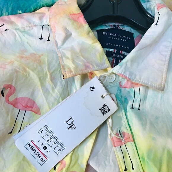 Denim & Flower NWT Tie Dyed Pink Flamingos Cotton Aloha Shirt Size Large Hawaii - Picture 3 of 8
